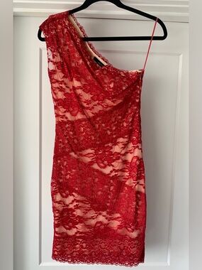 Lulus - Ark & Co. Red Lace One Shoulder Slip Dress